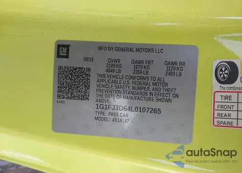 2020 Chevrolet Camaro Rwd Zl1 из США, поврежденный, VIN 1G1FJ3D64L0107265